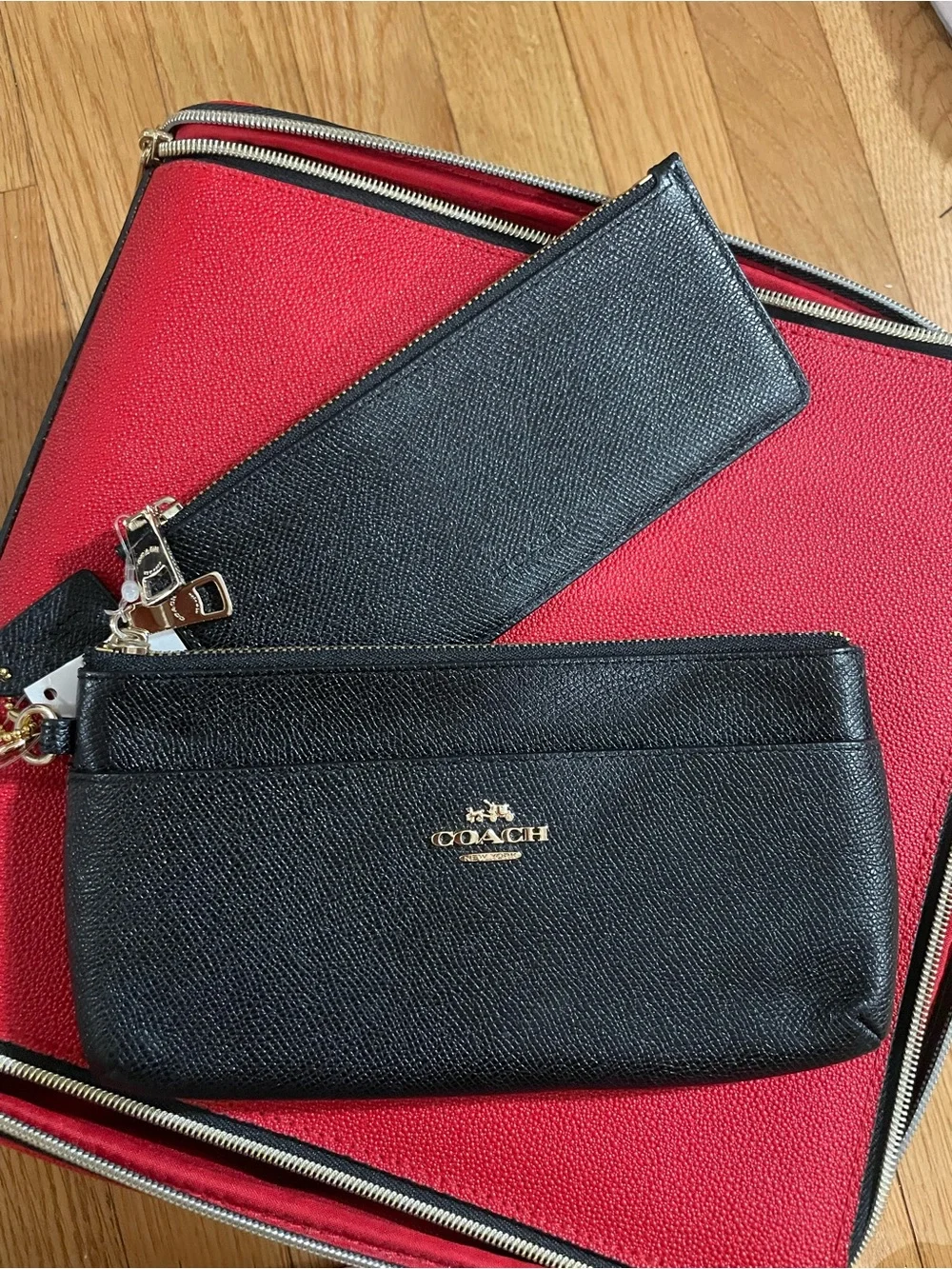 Coach Black Leather Double Zip Wristlet with Gold Logo